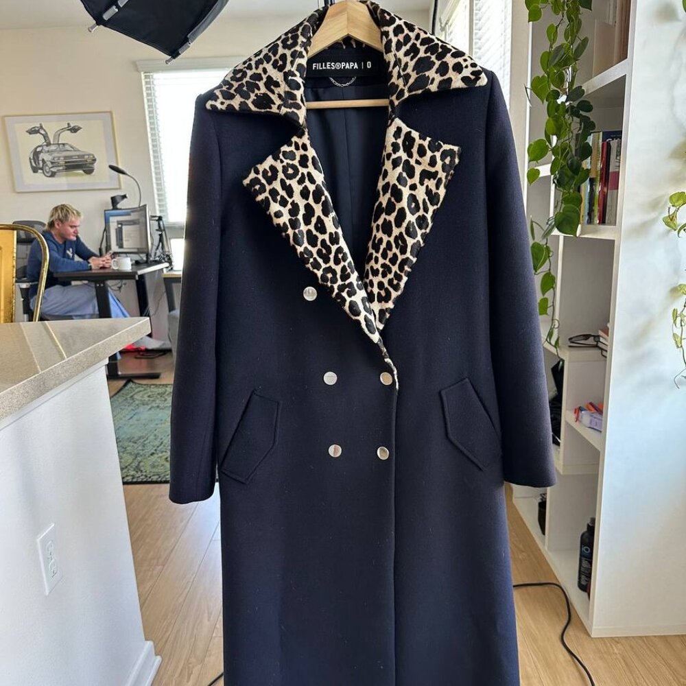 Filles à Papa Wool Coat with Leopard Lapel — Size 0 (Fits S-M)
